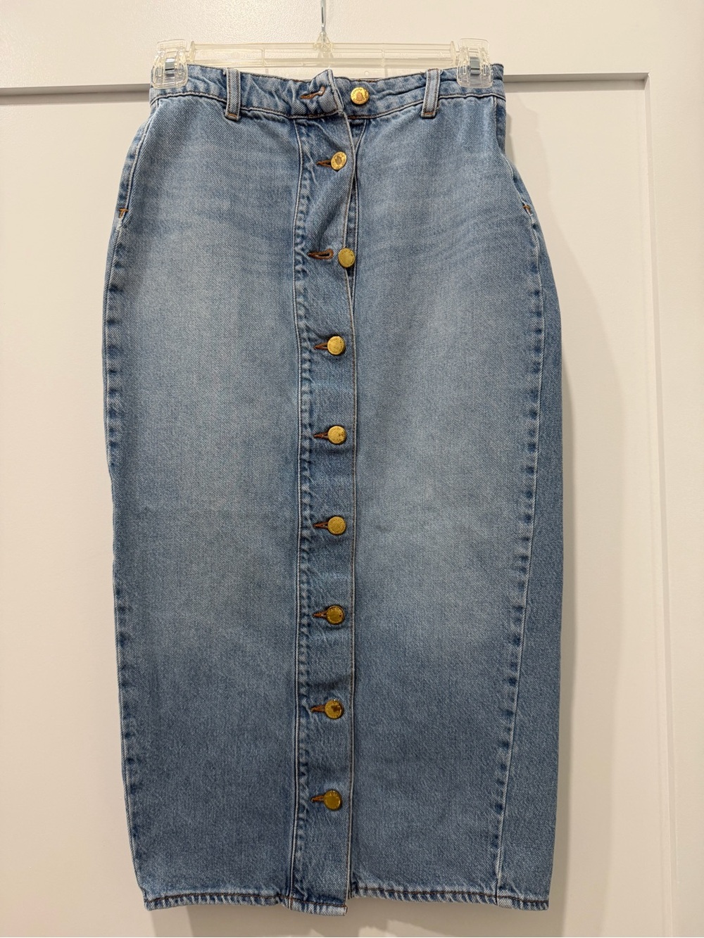 Triarchy Light Blue Denim Midi Skirt with Front Buttons